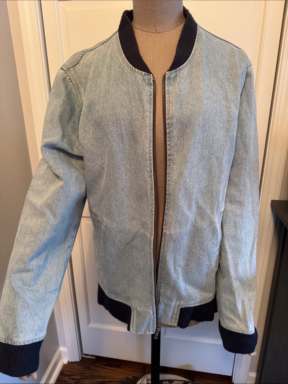 American Apparel Vintage Denim Jacket with Navy Ribbed Collar and Beige Trim
